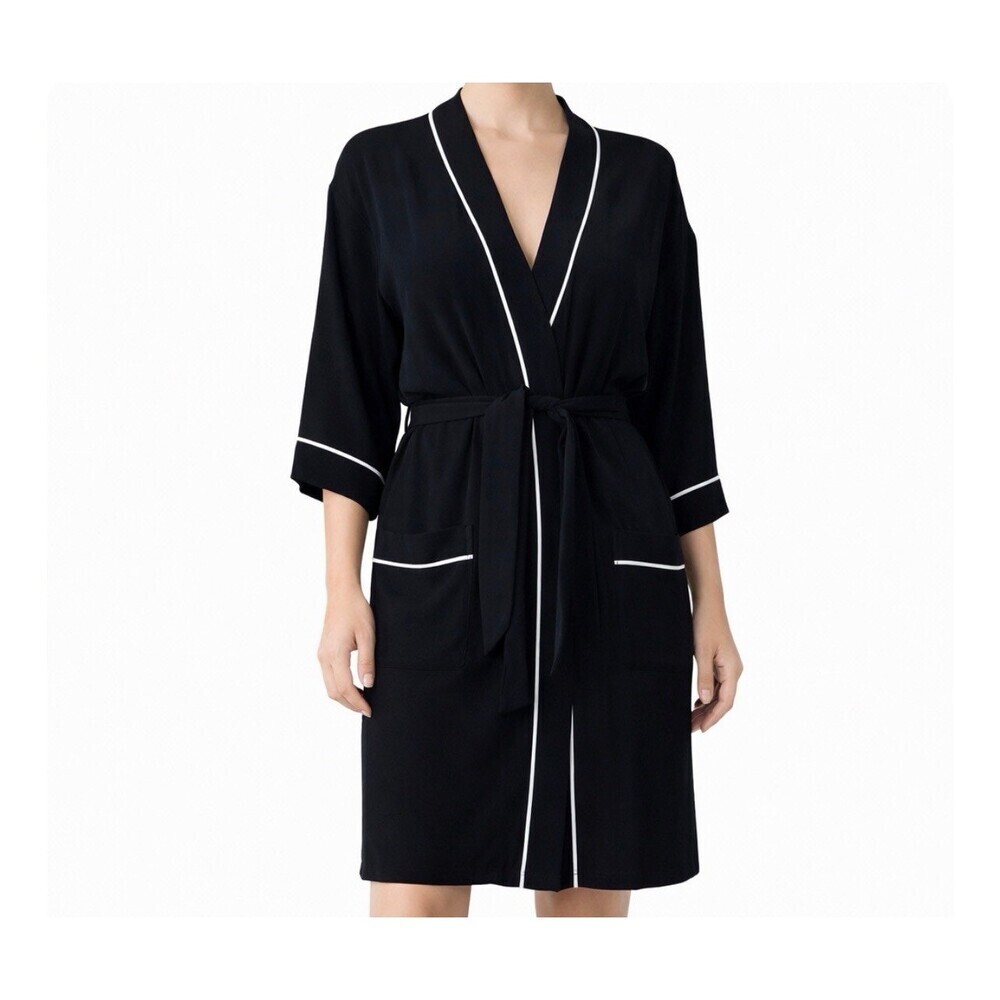 Leith brand robe short black/white piping 3/4 sleeve lightweight pockets SZ SM